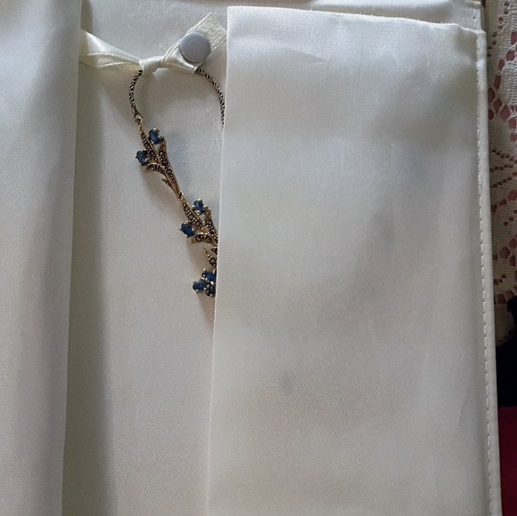 925 Genuine Blue Sapphire 28 Stones Marcasite Victorian Style Necklace 19"X5" - Picture 8 of 13